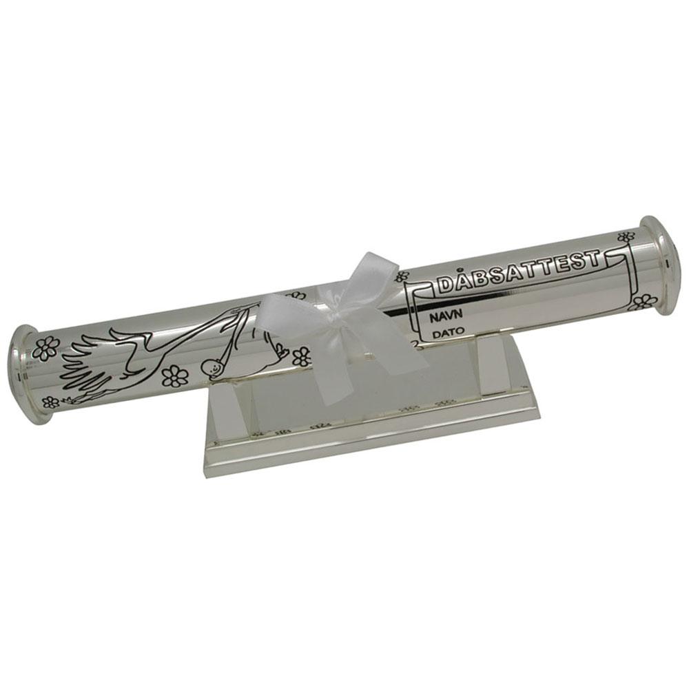 NOA forkromet dåbsrør m. fod og storke motiv