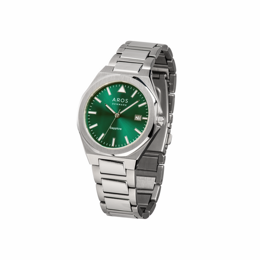 AROS Herreur i stål m. grøn el. sølv urskive