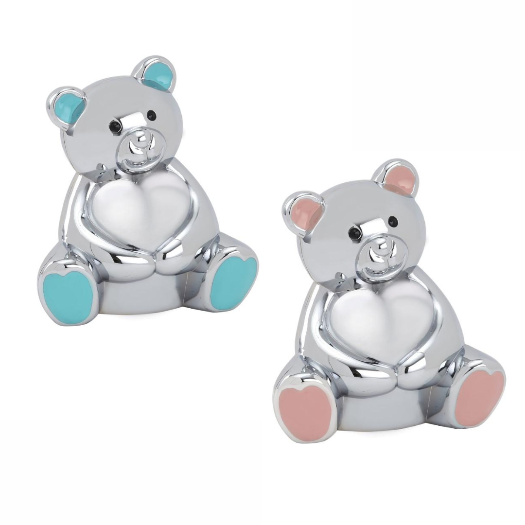 NOA Forkromet sparebøsse bamse m. lyserøde/blå ører